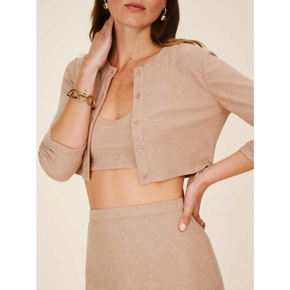 Reformation Janice Buff Beige 3 Piece Cardigan Sweater Midi Skirt Set Size XL - Picture 4 of 14